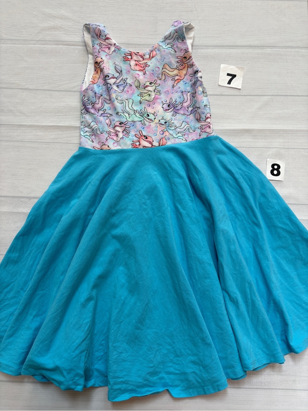 Malia and Kai Teal twirl Dress with Pastel axolotl Bodice